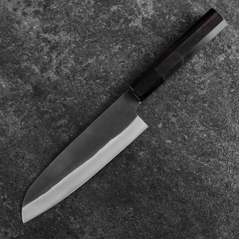 Santoku Blue Steel #2 Kurouchi Chokin Tokyo Tower Büffelhorn und Ebenholz Griff 165mm-[Musashi]-[Japan-Küchenmesser]