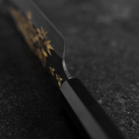 Santoku Blue Steel #2 Kurouchi Chokin Tokyo Tower Büffelhorn und Ebenholz Griff 165mm-[Musashi]-[Japan-Küchenmesser]