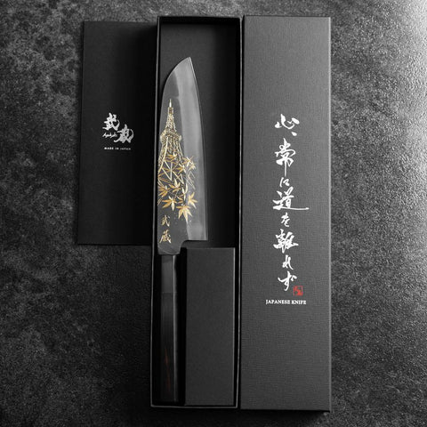 Santoku Blue Steel #2 Kurouchi Chokin Tokyo Tower Büffelhorn und Ebenholz Griff 165mm-[Musashi]-[Japan-Küchenmesser]
