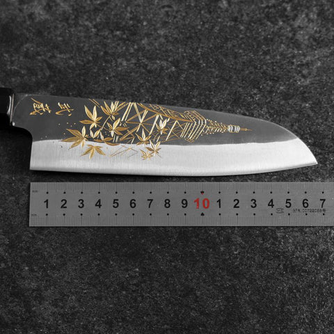 Santoku Blue Steel #2 Kurouchi Chokin Tokyo Tower Büffelhorn und Ebenholz Griff 165mm-[Musashi]-[Japan-Küchenmesser]