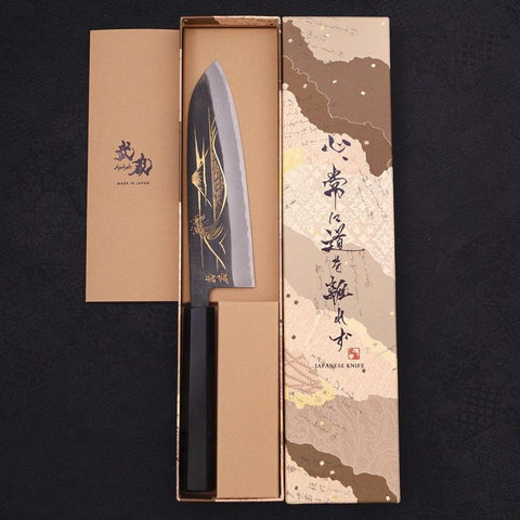 Santoku Blue Steel #2 Kurouchi Chokin "Welle An Fuji" Büffelhorn und Ebenholz Griff 170mm-[Musashi]-[Japan-Küchenmesser]