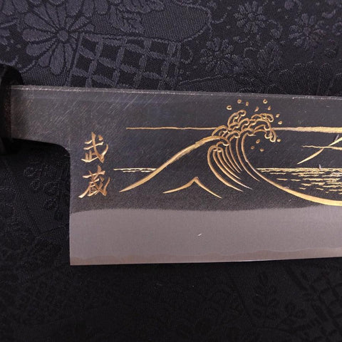 Santoku Blue Steel #2 Kurouchi Chokin "Welle An Fuji" Büffelhorn und Ebenholz Griff 170mm-[Musashi]-[Japan-Küchenmesser]