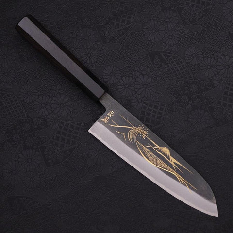 Santoku Blue Steel #2 Kurouchi Chokin "Welle An Fuji" Büffelhorn und Ebenholz Griff 170mm-[Musashi]-[Japan-Küchenmesser]