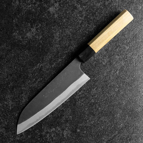 Santoku Blue Steel #2 Kurouchi Damast Büffelhorn und Magnolienholz Griff 170mm-[Musashi]-[Japan-Küchenmesser]