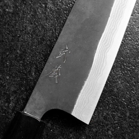 Santoku Blue Steel #2 Kurouchi Damast Büffelhorn und Magnolienholz Griff 170mm-[Musashi]-[Japan-Küchenmesser]
