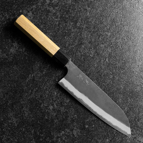 Santoku Blue Steel #2 Kurouchi Damast Büffelhorn und Magnolienholz Griff 170mm-[Musashi]-[Japan-Küchenmesser]