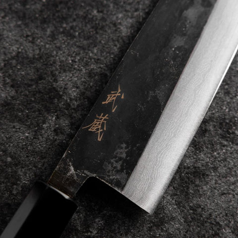 Santoku Blue Steel #2 Kurouchi Damast Büffelhorn und Walnussholz Griff 165mm-[Musashi]-[Japan-Küchenmesser]
