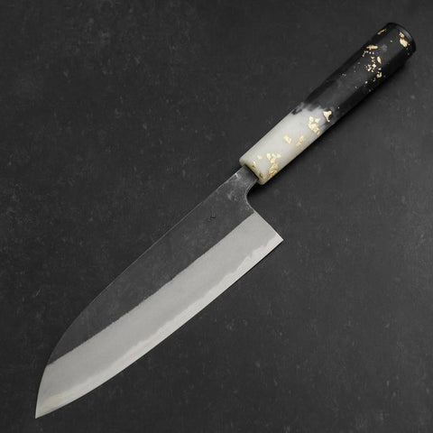 Santoku Blue Steel #2 Kurouchi Ocean Black White Gold Handle 165mm (6.5”)-[Musashi]-[Japan-Küchenmesser]