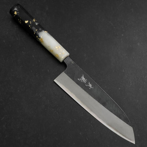 Santoku Blue Steel #2 Kurouchi Ocean Black White Gold Handle 165mm (6.5”)-[Musashi]-[Japan-Küchenmesser]