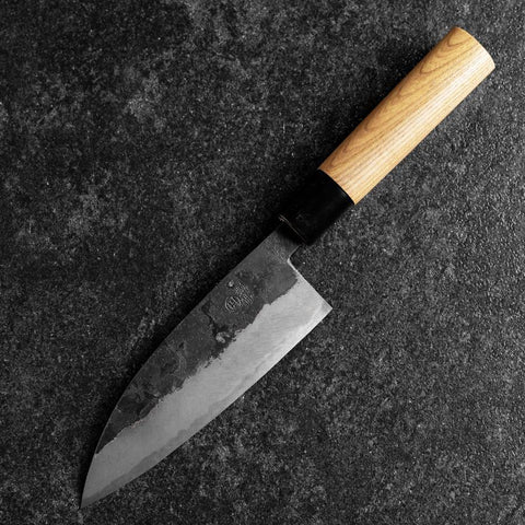 Santoku Blue Steel #2 Kurouchi Runder Zelkove Griff 150mm-[Musashi]-[Japan-Küchenmesser]