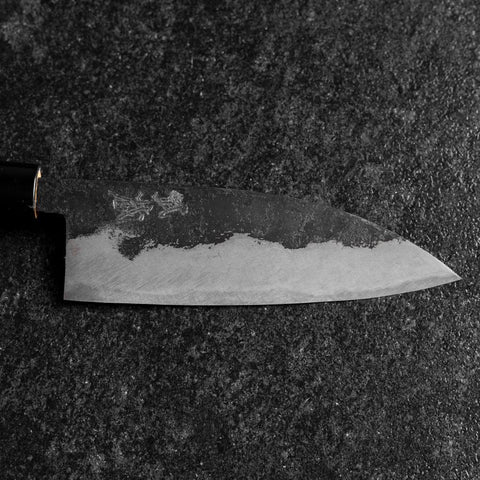 Santoku Blue Steel #2 Kurouchi Runder Zelkove Griff 150mm-[Musashi]-[Japan-Küchenmesser]