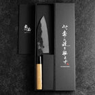 Santoku Blue Steel #2 Kurouchi Runder Zelkove Griff 150mm-[Musashi]-[Japan-Küchenmesser]