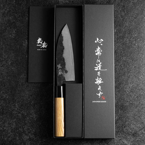 Santoku Blue Steel #2 Kurouchi Runder Zelkove Griff 150mm-[Musashi]-[Japan-Küchenmesser]