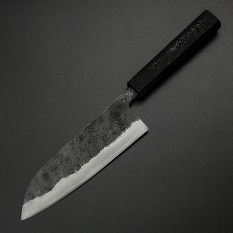Santoku Blue Steel #2 Kurouchi Schwarzer Ishime Urushi Griff 165mm-[Musashi]-[Japan-Küchenmesser]