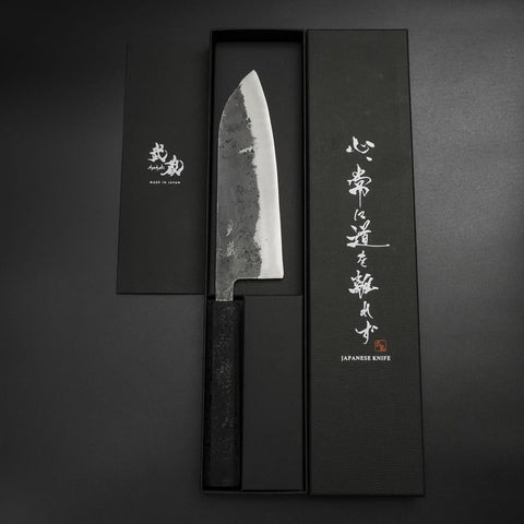 Santoku Blue Steel #2 Kurouchi Schwarzer Ishime Urushi Griff 165mm-[Musashi]-[Japan-Küchenmesser]