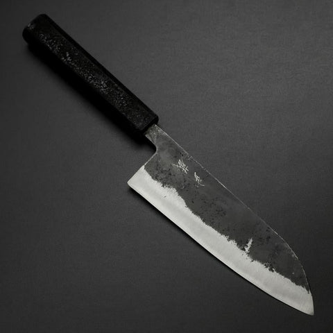 Santoku Blue Steel #2 Kurouchi Schwarzer Ishime Urushi Griff 165mm-[Musashi]-[Japan-Küchenmesser]