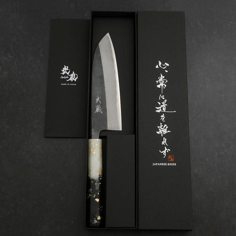 Santoku Blue Steel #2 Kurouchi Weiß-Schwarzer Ozeanplastik Griff mit Blattgold 165mm-[Musashi]-[Japan-Küchenmesser]