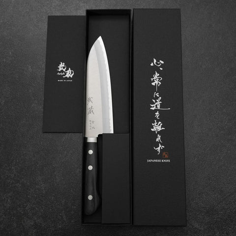 Santoku Blue Steel #2 Poliert Edelstahlummantelung Westlicher Griff 165mm-[Musashi]-[Japan-Küchenmesser]
