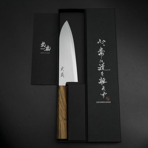Santoku Blue Steel #2 Poliert Olivenholz Griff 170mm-[Musashi]-[Japan-Küchenmesser]