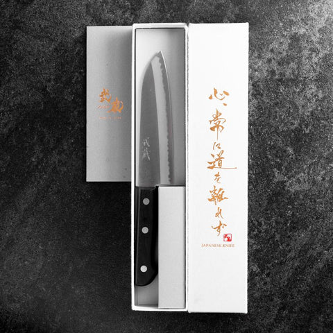 Santoku Blue Steel #2 Poliert Westlicher Schwarzer Griff 145mm (Tsuba-nashi)-[Musashi]-[Japan-Küchenmesser]
