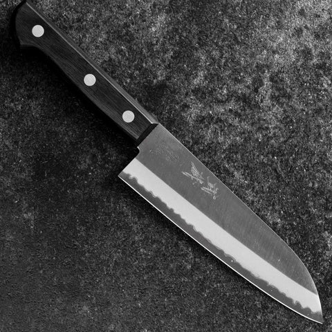 Santoku Blue Steel #2 Poliert Westlicher Schwarzer Griff 145mm (Tsuba-nashi)-[Musashi]-[Japan-Küchenmesser]