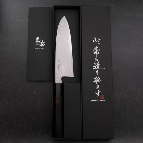 Santoku Blue Steel #2 Suminagashi Büffelhorn und Ebenholz Griff 170mm-[Musashi]-[Japan-Küchenmesser]
