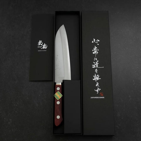 Santoku Blue Super Edelstahlummantelung Poliert Westlicher Griff in Schwarz-Rot 165mm-[Musashi]-[Japan-Küchenmesser]