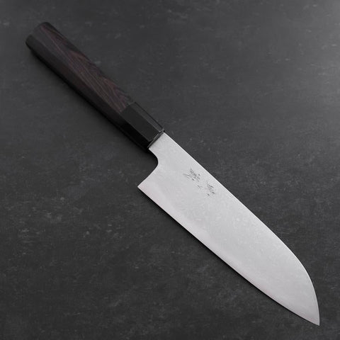 Santoku Blue Steel #1 Suminagashi Büffelhorn und Ebenholz Griff 170mm-[Musashi]-[Japan-Küchenmesser]