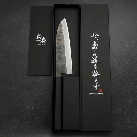 Santoku Blue Steel #2 Edelstahlummantelung Kurouchi Anti-Rutsch Griff 165mm-[Musashi]-[Japan-Küchenmesser]