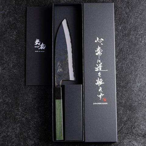 Santoku Edelstahlummantelung Blue Steel #2 Kurouchi Grüner Urushi Griff 165mm-[Musashi]-[Japan-Küchenmesser]