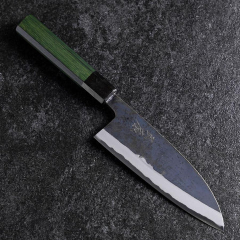 Santoku Edelstahlummantelung Blue Steel #2 Kurouchi Grüner Urushi Griff 165mm-[Musashi]-[Japan-Küchenmesser]