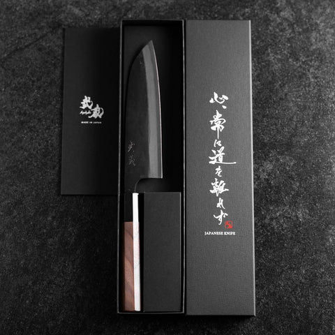 Santoku Edelstahlummantelung Blue Steel #2 Kurouchi Walnussholz Griff 165mm-[Musashi]-[Japan-Küchenmesser]