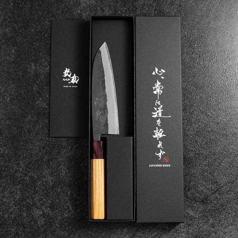 Santoku Edelstahlummantelung Blue Steel #2 Kurouchi Zelkove Griff 165mm-[Musashi]-[Japan-Küchenmesser]