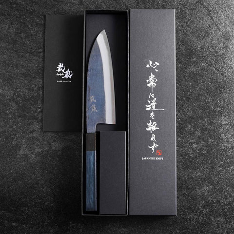 Santoku Edelstahlummantelung Blue Super Kurouchi Blauer Urushi Griff 165mm-[Musashi]-[Japan-Küchenmesser]