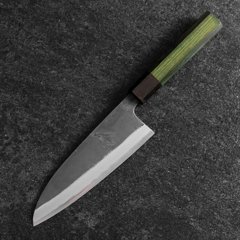 Santoku Edelstahlummantelung Blue Super Kurouchi Grüner Urushi Griff 165mm-[Musashi]-[Japan-Küchenmesser]