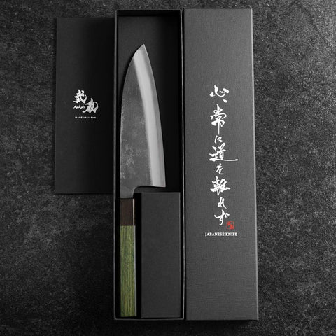 Santoku Edelstahlummantelung Blue Super Kurouchi Grüner Urushi Griff 165mm-[Musashi]-[Japan-Küchenmesser]