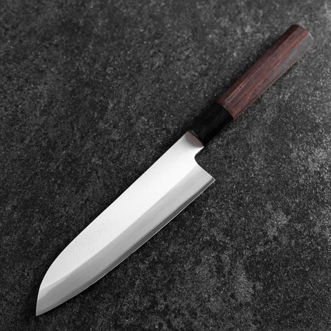 Santoku Edelstahlummantelung Blue Super Poliert Büffelhorn und Ebenholz Griff 180mm-[Musashi]-[Japan-Küchenmesser]