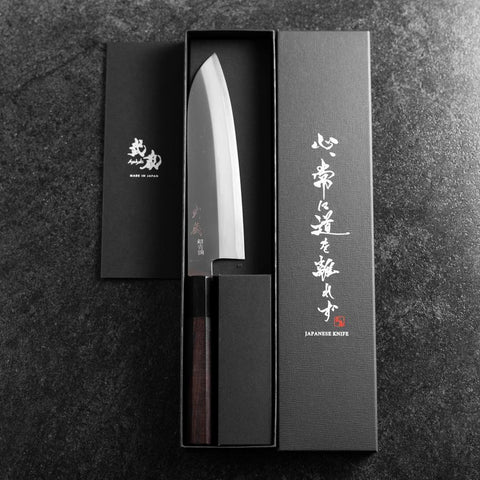 Santoku Edelstahlummantelung Blue Super Poliert Büffelhorn und Ebenholz Griff 180mm-[Musashi]-[Japan-Küchenmesser]