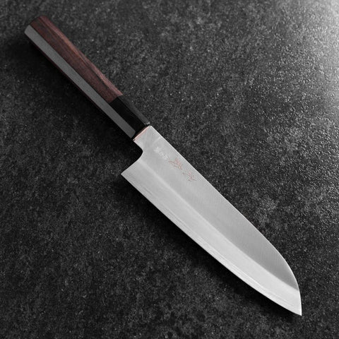 Santoku Edelstahlummantelung Blue Super Poliert Büffelhorn und Ebenholz Griff 180mm-[Musashi]-[Japan-Küchenmesser]