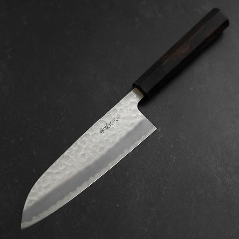 Santoku Edelstahlummantelung Blue Super Tsuchime Büffelhorn und Ebenholz Griff 165mm-[Musashi]-[Japan-Küchenmesser]