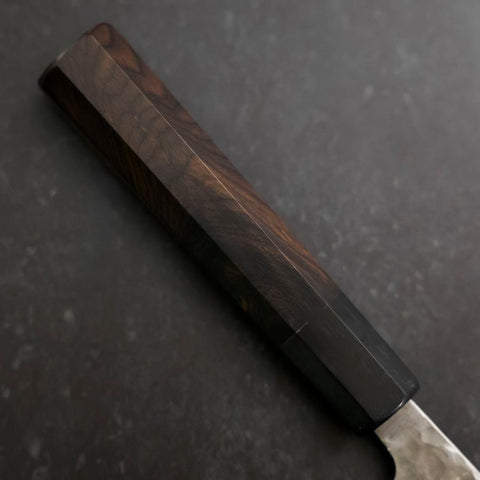 Santoku Edelstahlummantelung Blue Super Tsuchime Büffelhorn und Ebenholz Griff 165mm-[Musashi]-[Japan-Küchenmesser]