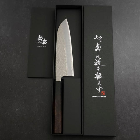 Santoku Edelstahlummantelung Blue Super Tsuchime Büffelhorn und Ebenholz Griff 165mm-[Musashi]-[Japan-Küchenmesser]