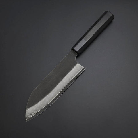 Santoku Kobalt Edelstahl HRC62 Kurouchi Damast Büffelhorn und Ebenholz Griff 165mm-[Musashi]-[Japan-Küchenmesser]