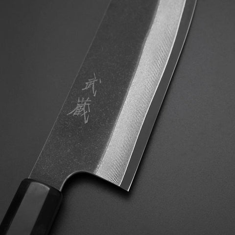 Santoku Kobalt Edelstahl HRC62 Kurouchi Damast Büffelhorn und Ebenholz Griff 165mm-[Musashi]-[Japan-Küchenmesser]