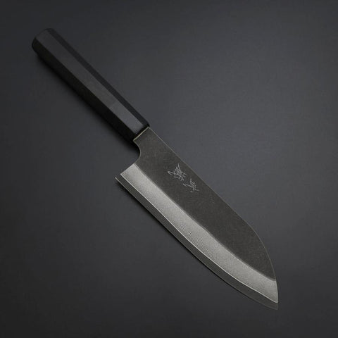 Santoku Kobalt Edelstahl HRC62 Kurouchi Damast Büffelhorn und Ebenholz Griff 165mm-[Musashi]-[Japan-Küchenmesser]