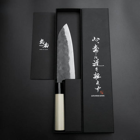 Santoku SK-Stahl Kurouchi Kurigata Magnolienholz Griff 165mm-[Musashi]-[Japan-Küchenmesser]