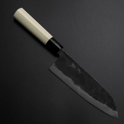 Santoku SK-Stahl Kurouchi Kurigata Magnolienholz Griff 165mm-[Musashi]-[Japan-Küchenmesser]