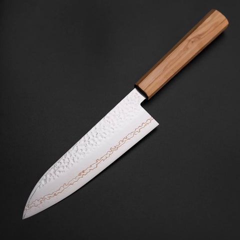 Santoku SLD Nickel Tsuchime Kolorierter Damast Olivenholz Griff 170mm Limited Edition-[Musashi]-[Japan-Küchenmesser]