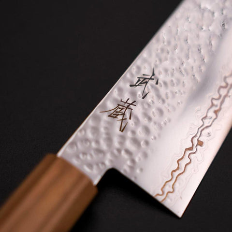Santoku SLD Nickel Tsuchime Kolorierter Damast Olivenholz Griff 170mm Limited Edition-[Musashi]-[Japan-Küchenmesser]
