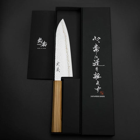 Santoku SLD Nickel Tsuchime Kolorierter Damast Olivenholz Griff 170mm Limited Edition-[Musashi]-[Japan-Küchenmesser]